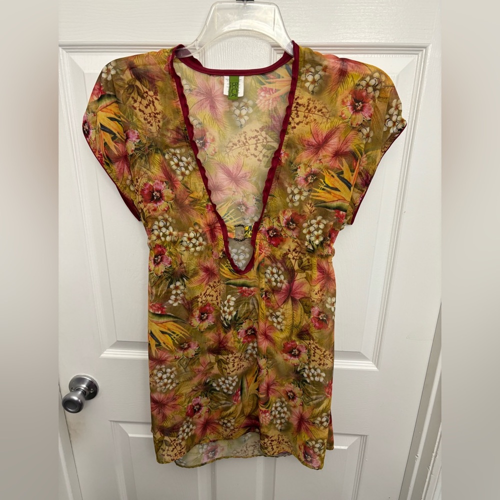 BECCA by Rebecca Virtue Multicolor Boho ResortWear Floral V-Neck Swim Coverup S